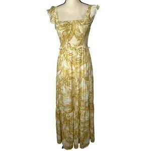 Nanette Lepore Maxi Dress Yellow White Palm Leaf Smocked Ruffle Strap Size 6